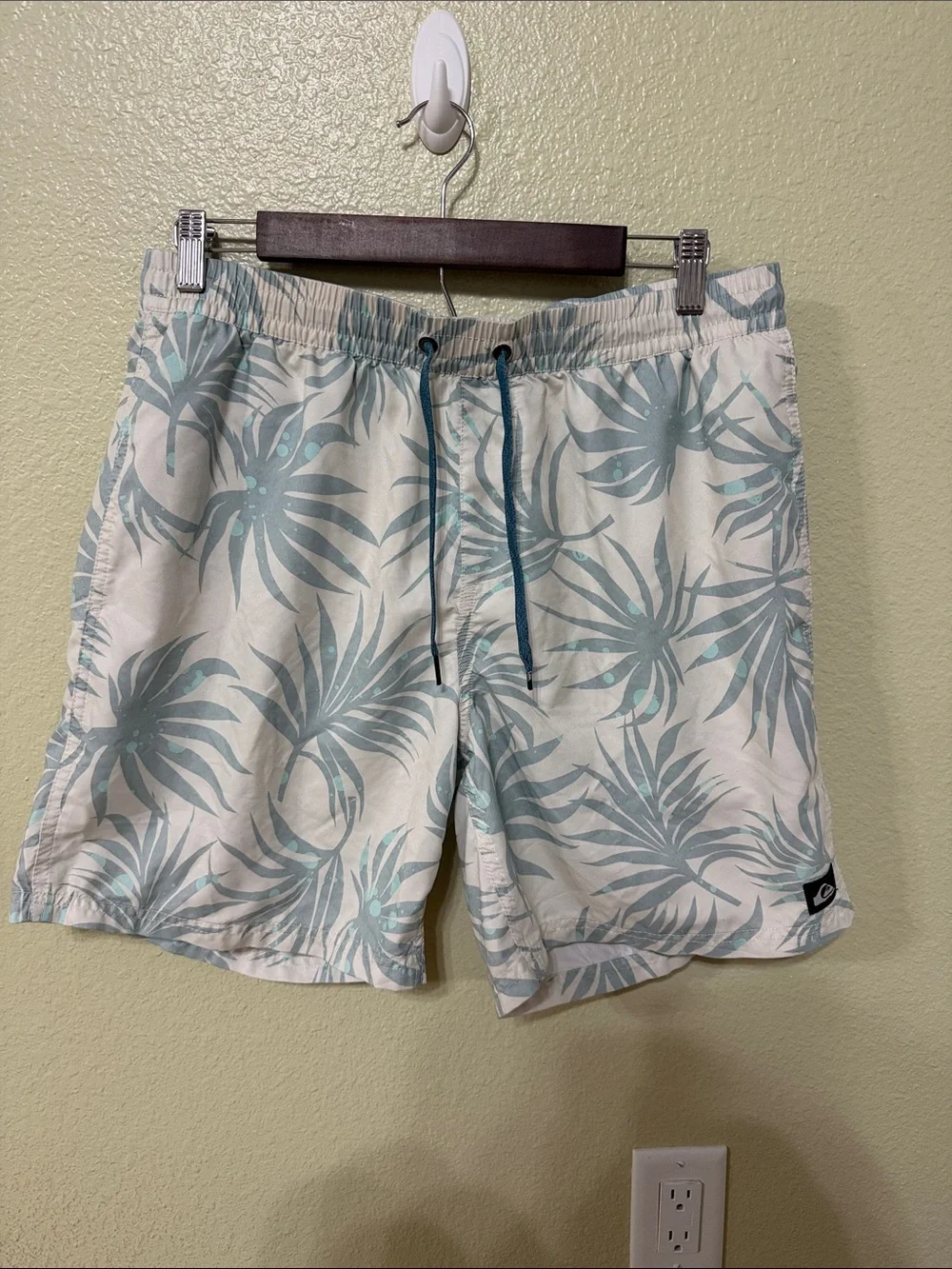 Quiksilver White and Light Blue Palm-Print Swim Trunks